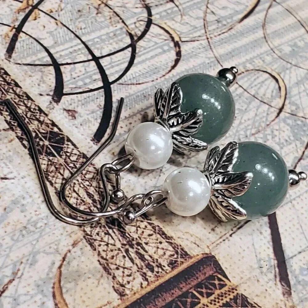 Handcrafted Malaysia Jade Gemstone White Faux Pearl Silver Dangle Earrings - Picture 8 of 9